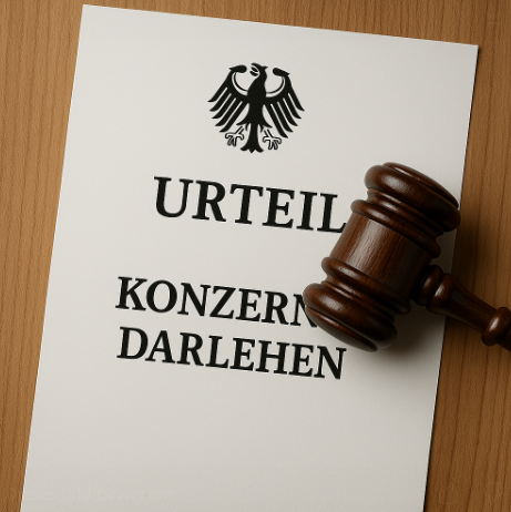 Ein Hammer liegt auf einem Papier mit dem Titel „Urteil Konzern Darlehen“. Der Hintergrund ist aus Holz, was eine seriöse und formelle Atmosphäre erzeugt.