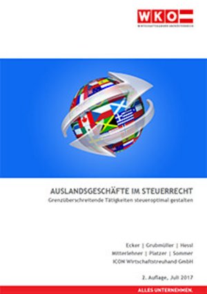Das Bild zeigt das Cover der Publikation „Austria’s Best Export“ mit einem Globus, der mit Flaggen bedeckt ist, und dem WKO-Logo oben links.