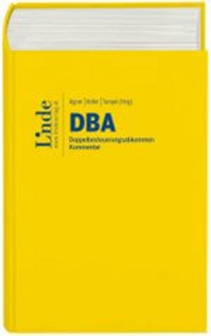Das Bild zeigt das gelbe Buch „DBA – Doppelte Besteuerung und ihre Vermeidung“, mit dem Titel und dem Akronym „DBA“ in Blau auf der Vorderseite. Die obere Ecke des Buches ist abgerundet, und der Buchrücken ist ebenfalls in Gelb gehalten.