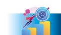 Grafische Darstellung mit gelben Balken, einem blauen Pfeil, einer Zielscheibe mit Pfeil und einem Zahnrad in Pink und Blau vor einem blau verlaufenden Hintergrund.