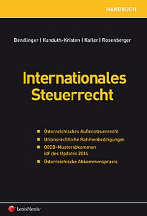 Das Bild zeigt das Cover eines Buches mit dem Titel „Internationales Steuerrecht“. Der Hintergrund ist schwarz, der Titel in Gelb und Weiß gehalten. Am unteren Rand befindet sich das Logo des Verlags.