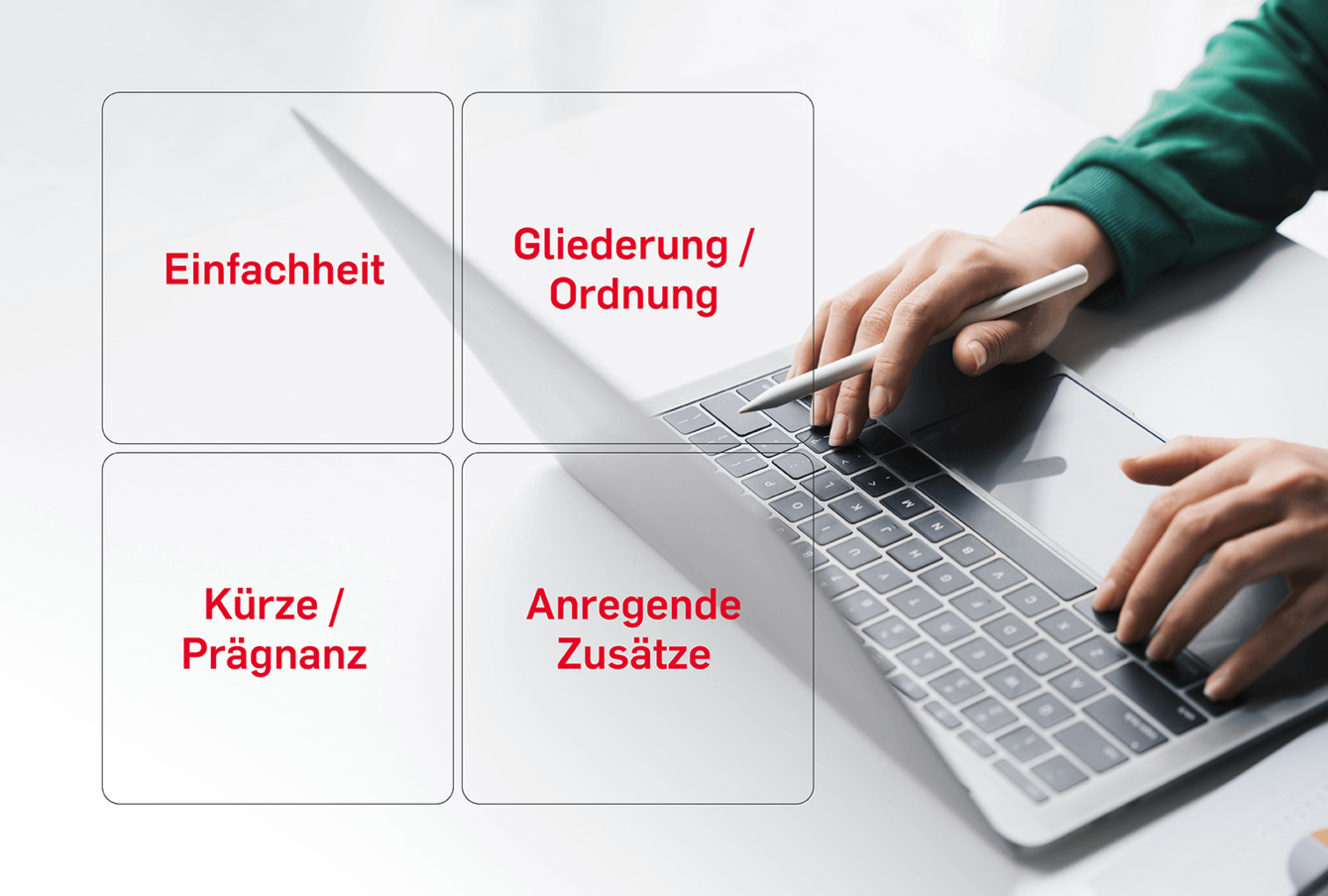 Das Bild zeigt Hände, die auf einer Laptop-Tastatur arbeiten, mit Textbeschriftungen in den Ecken wie „Produktivität“, „Kreativität“, „Fokus“ und „Zeitmanagement“.