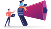 Zwei stilisierte Figuren, eine kleine und eine große, stehen vor einem riesigen pinkfarbenen Megafon. Die kleinere zeigt auf das Megafon, die größere hebt eine Hand. Der Hintergrund ist weiß mit einem blauen Farbverlauf links.