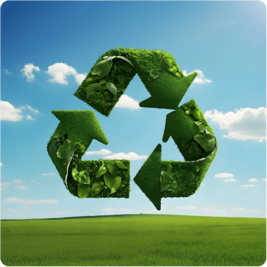 Ein grünes Recycling-Symbol, das aus Blättern besteht, vor einem klaren Himmel und einer grünen Wiese.