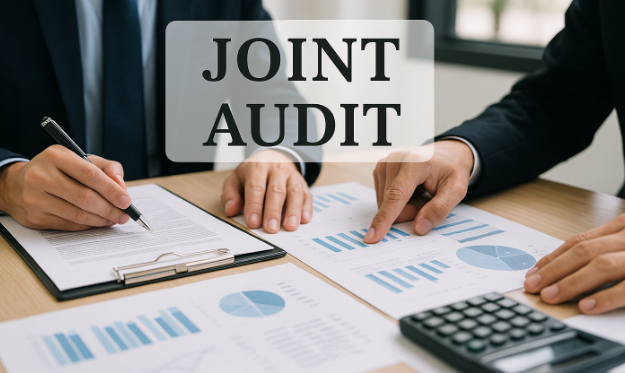 Das Bild zeigt zwei Personen, die gemeinsam Dokumente mit Finanzdiagrammen prüfen. Der Text "JOINT AUDIT" ist zu sehen.